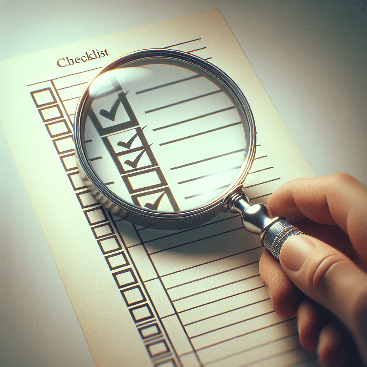 Magnifying glass zooming in on checklist item.
