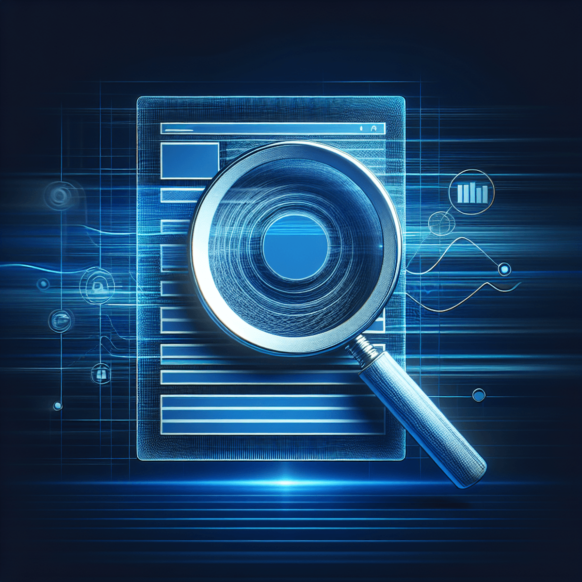 Ett förstoringsglas som svävar över en abstrakt webbsida med digitala blåa markeringar och fokus på metadata.