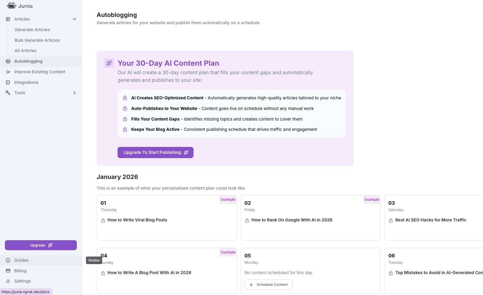 AI automated blogging dashboard showing a 30-day content calendar, keyword-driven content strategy, and human-written SEO blog posts published automatically.