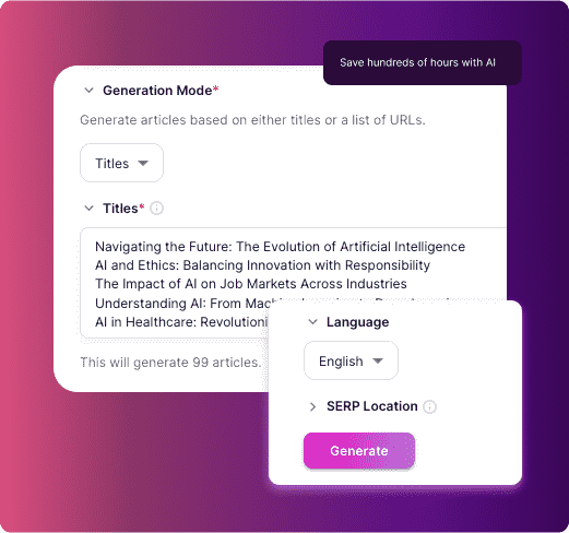 Bulk generating content by titles, URLs, or keywords with access to the latest internet information.