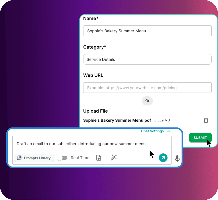 Upload Past Personal/Brand Information and AI will minic your brand's voice