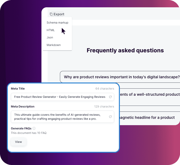 Enhancing long-form content with SEO-optimized meta titles, descriptions, and FAQs with AI writing tool.